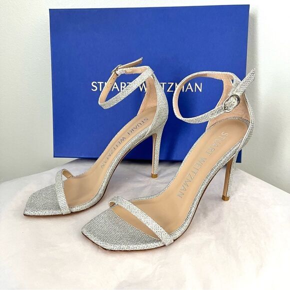 Stuart Weitzman's Nudistcurve Shimmery Ankle Strap Sandals Silver Size 6.5B NIB - Picture 6 of 14